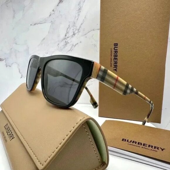 Burberry Sunglasses Black Square Classic Check Arms Brown Red White Authentic main image 6